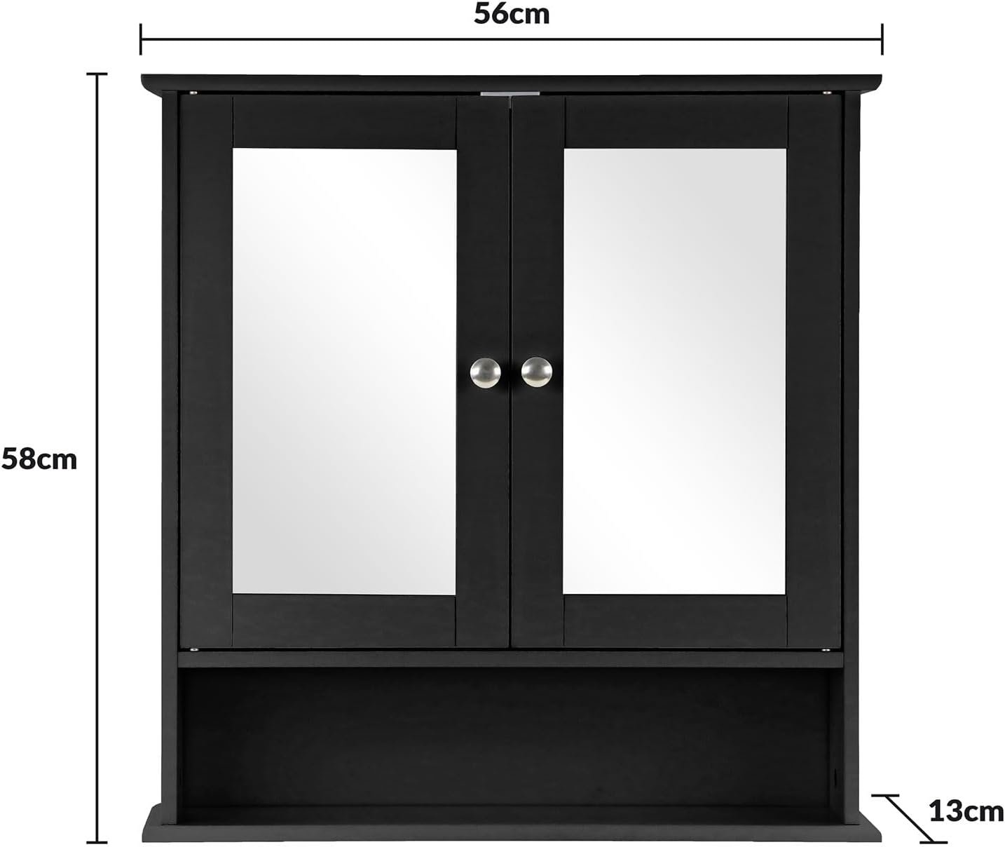 Espada Double Door Mirrored Bathroom Cabinet Storage Cupboard Organiser Wall Mounted Mirror Cabinet with Adjustable Shelves, Black 56cm x 13cm x 58cm - Image 7