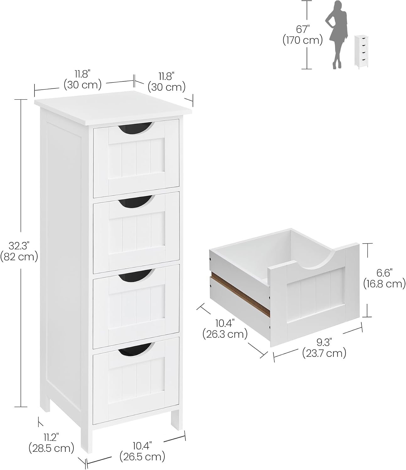 Espada Bathroom Floor Storage Cabinet, Bathroom Storage with 4 Drawers, Bathroom Cabinet Freestanding, 30 x 30 x 82 cm, Modern Style, White LHC40W - Image 2