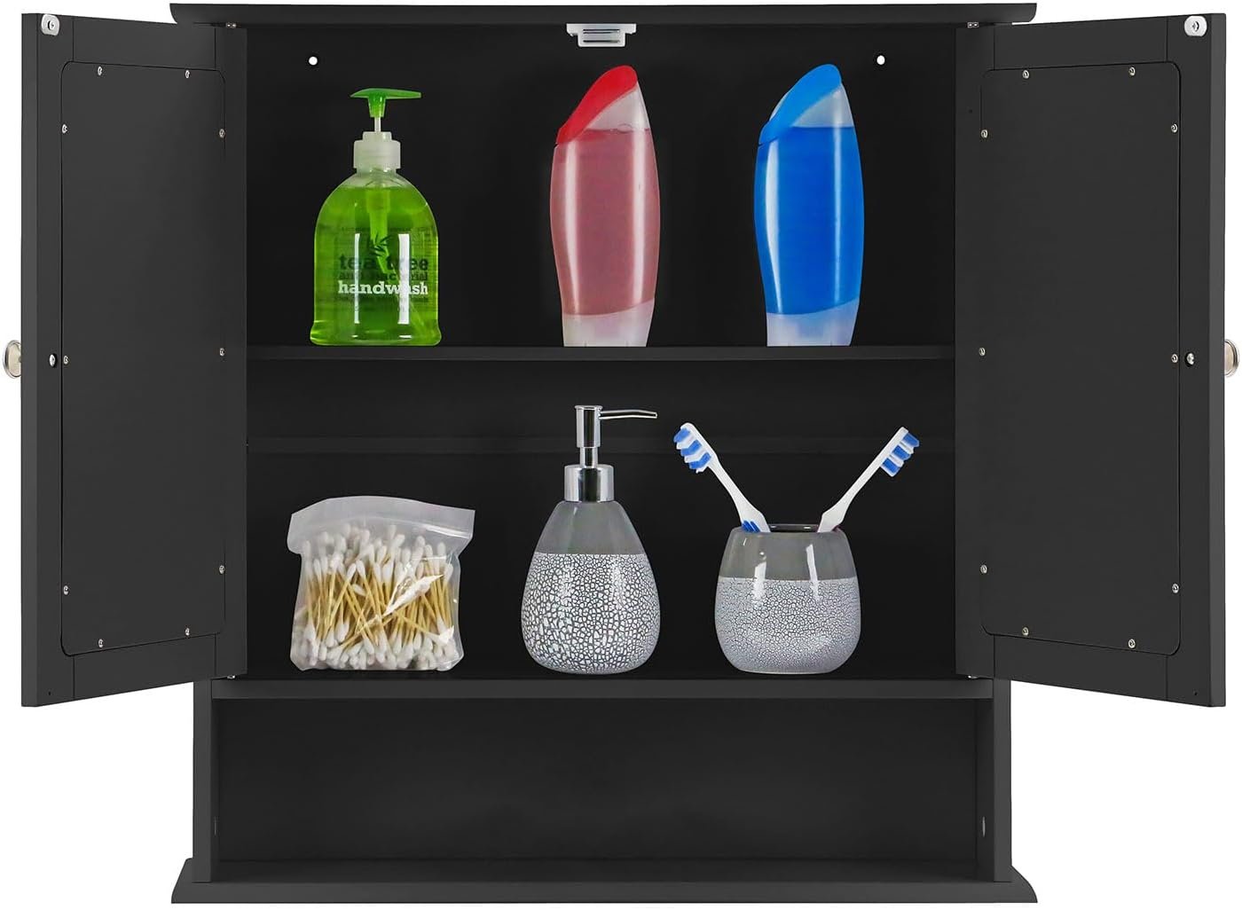 Espada Double Door Mirrored Bathroom Cabinet Storage Cupboard Organiser Wall Mounted Mirror Cabinet with Adjustable Shelves, Black 56cm x 13cm x 58cm - Image 5