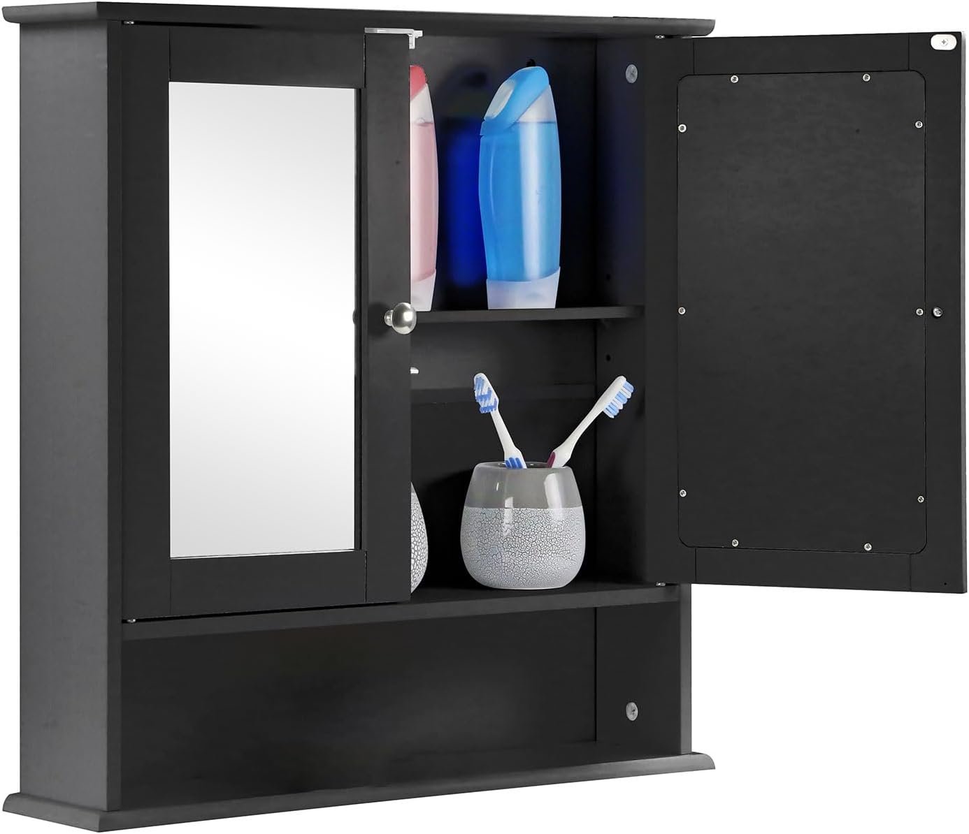 Espada Double Door Mirrored Bathroom Cabinet Storage Cupboard Organiser Wall Mounted Mirror Cabinet with Adjustable Shelves, Black 56cm x 13cm x 58cm - Image 3