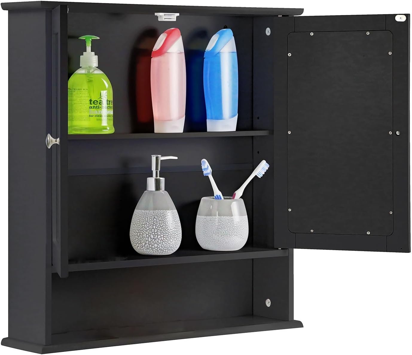 Espada Double Door Mirrored Bathroom Cabinet Storage Cupboard Organiser Wall Mounted Mirror Cabinet with Adjustable Shelves, Black 56cm x 13cm x 58cm - Image 2