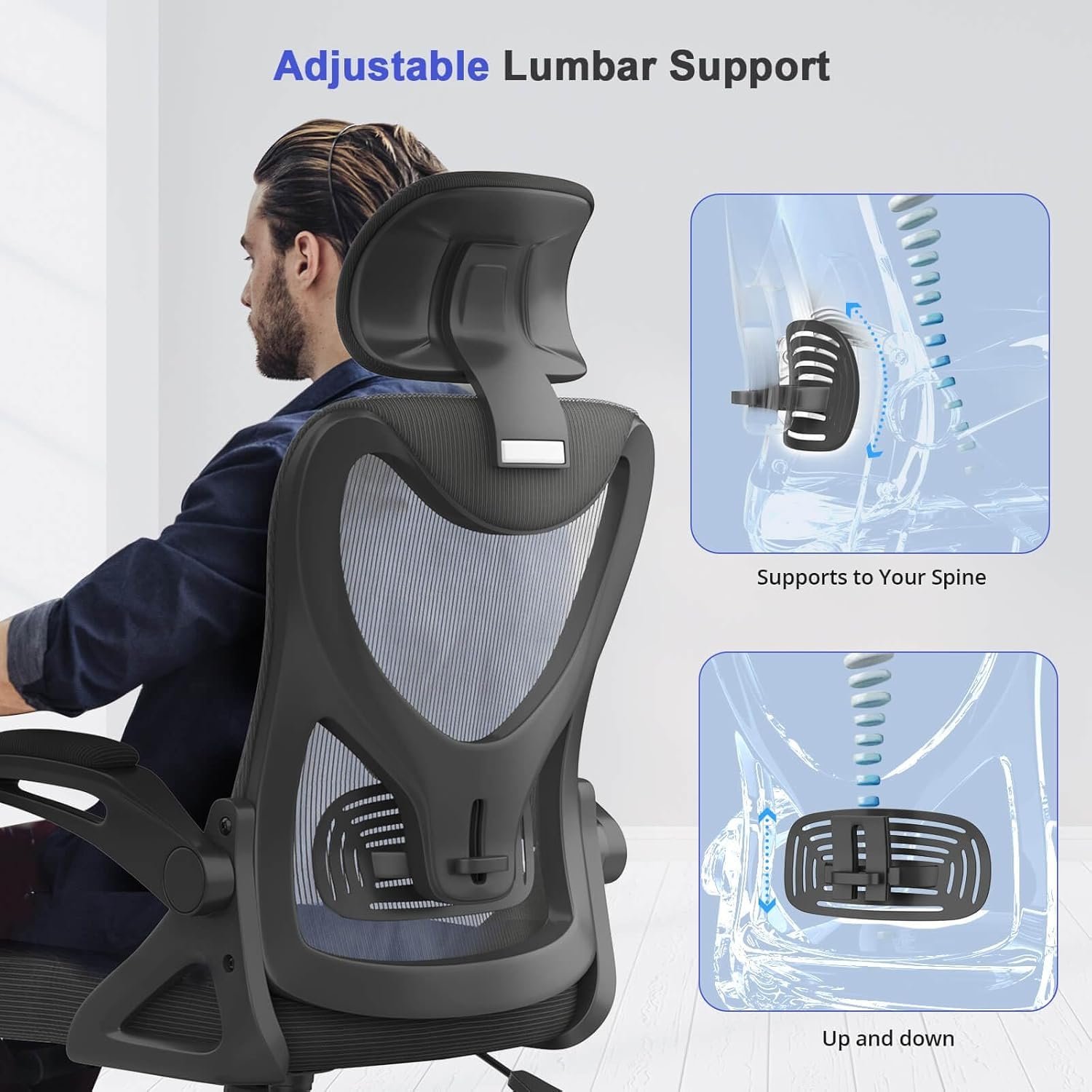 Espada Office Chair - Ergonomic Desk Chair with Lumbar Support Headrest Adjustable, Padded Flip-up Armrests Comfy Seat Cushion High Back Executive Manager Chair For Home Office - Image 6