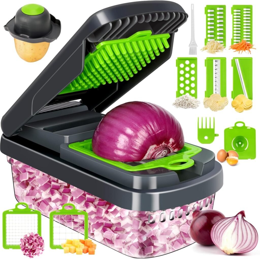 12-in-1 Vegetable Chopper & Food Cutter with Container – Multi-Functional Vegetable Slicer, Dicer, Grater & Shredder for Kitchen