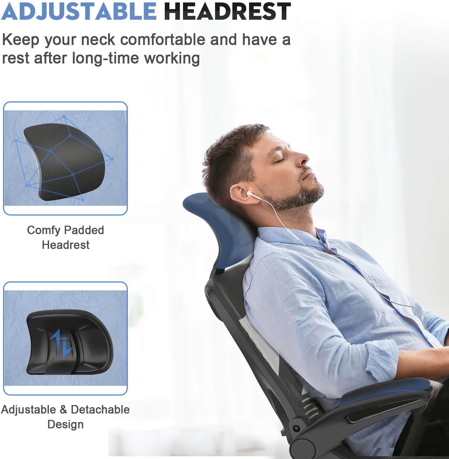 Espada Office Chair - Ergonomic Desk Chair with Lumbar Support Headrest Adjustable, Padded Flip-up Armrests Comfy Seat Cushion High Back Executive Manager Chair For Home Office - Image 3