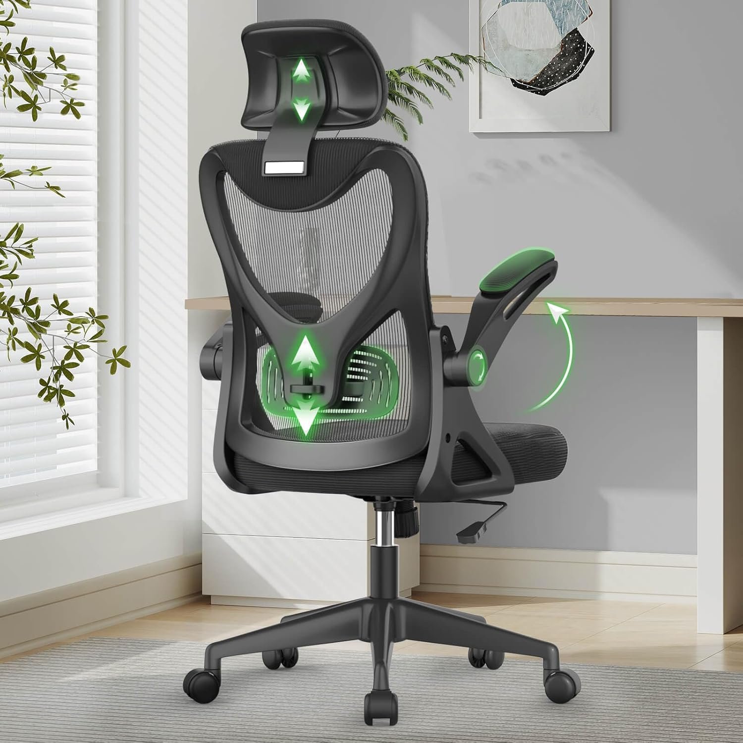 Espada Office Chair - Ergonomic Desk Chair with Lumbar Support Headrest Adjustable, Padded Flip-up Armrests Comfy Seat Cushion High Back Executive Manager Chair For Home Office - Image 4
