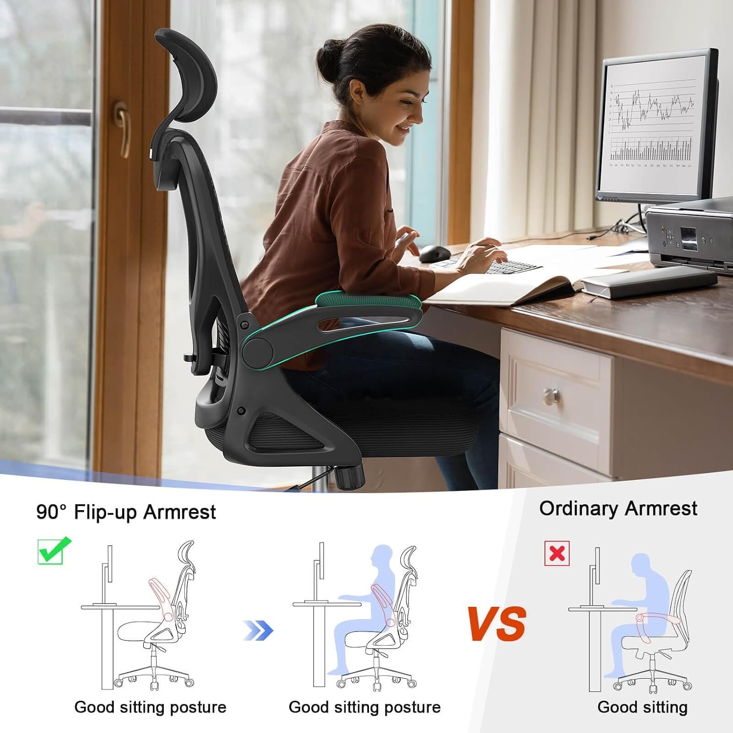 Espada Office Chair - Ergonomic Desk Chair with Lumbar Support Headrest Adjustable, Padded Flip-up Armrests Comfy Seat Cushion High Back Executive Manager Chair For Home Office - Image 2