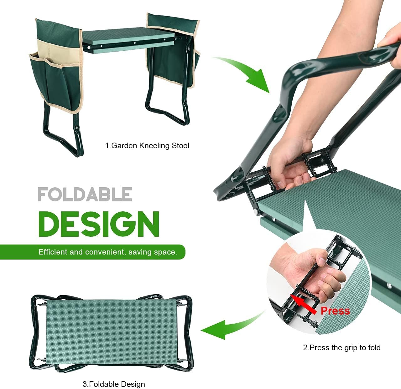 Heavy-Duty Garden Kneeler and Seat – Foldable Gardening Stool with Thick Soft Kneeling Pad & 2 Tool Pouches, Portable Gardener Bench
