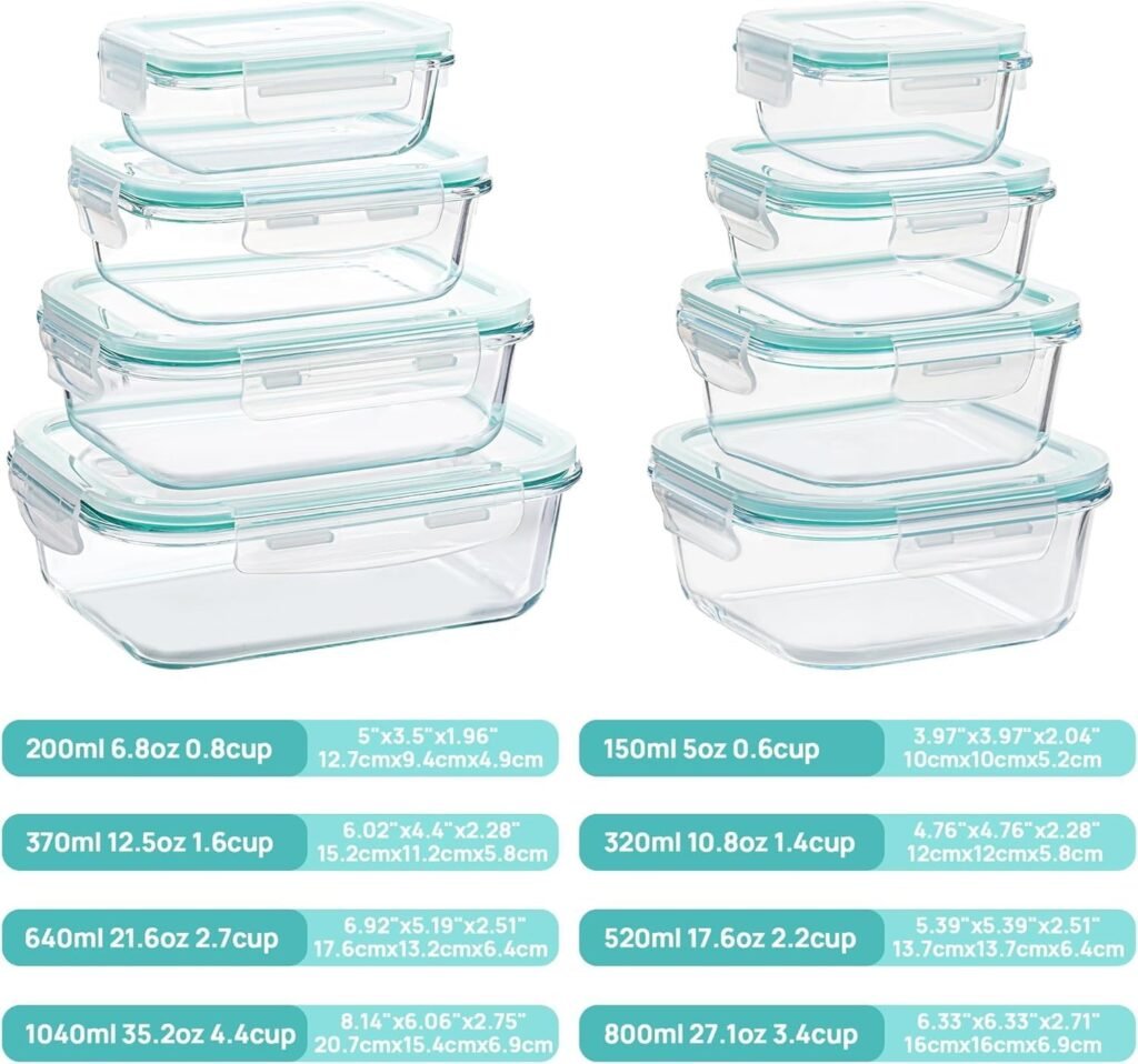 8-Piece Glass Food Storage Container Set with Airtight Lids – Reusable Meal Prep Containers for Kitchen, Refrigerator & Pantry