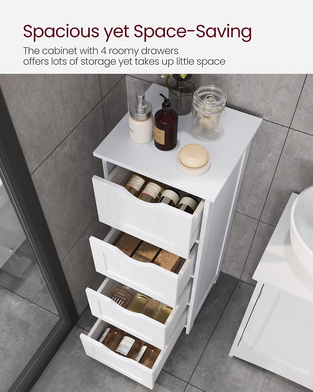 Espada Bathroom Floor Storage Cabinet, Bathroom Storage with 4 Drawers, Bathroom Cabinet Freestanding, 30 x 30 x 82 cm, Modern Style, White LHC40W - Image 3