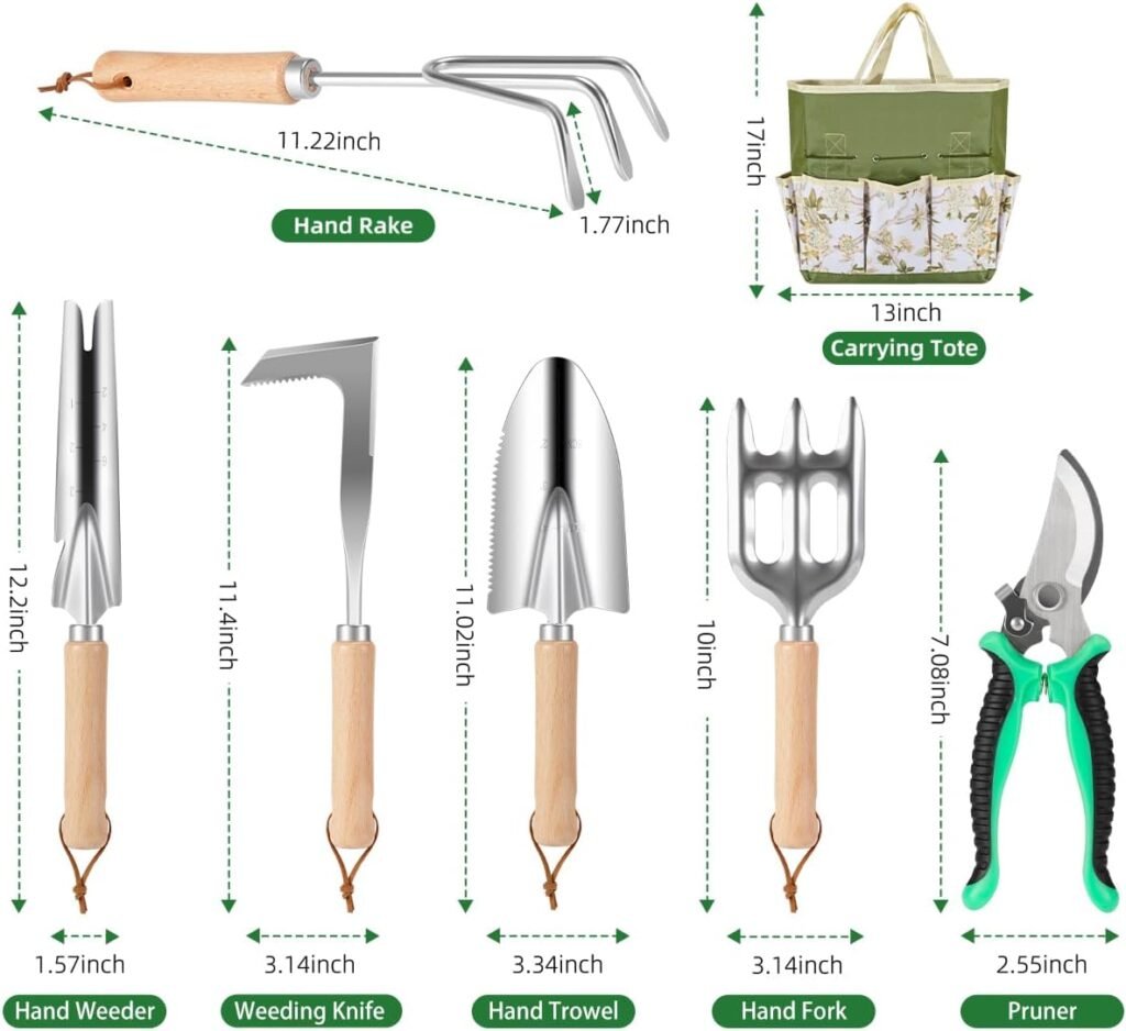 9-Piece Premium Gardening Tool Set with Storage Tote – Heavy-Duty Stainless Steel Garden Tools, Rust-Resistant Hand Tools for Planting, Weeding & Pruning