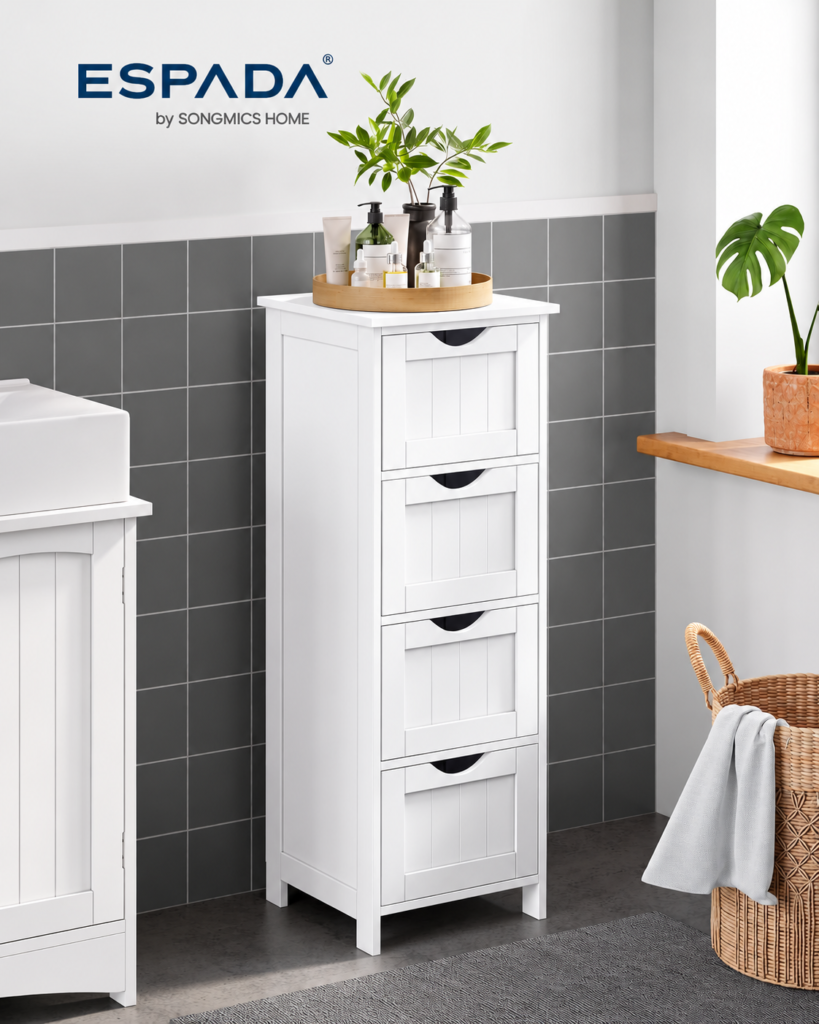 Espada Bathroom Floor Storage Cabinet, Bathroom Storage with 4 Drawers, Bathroom Cabinet Freestanding, 30 x 30 x 82 cm, Modern Style, White LHC40W