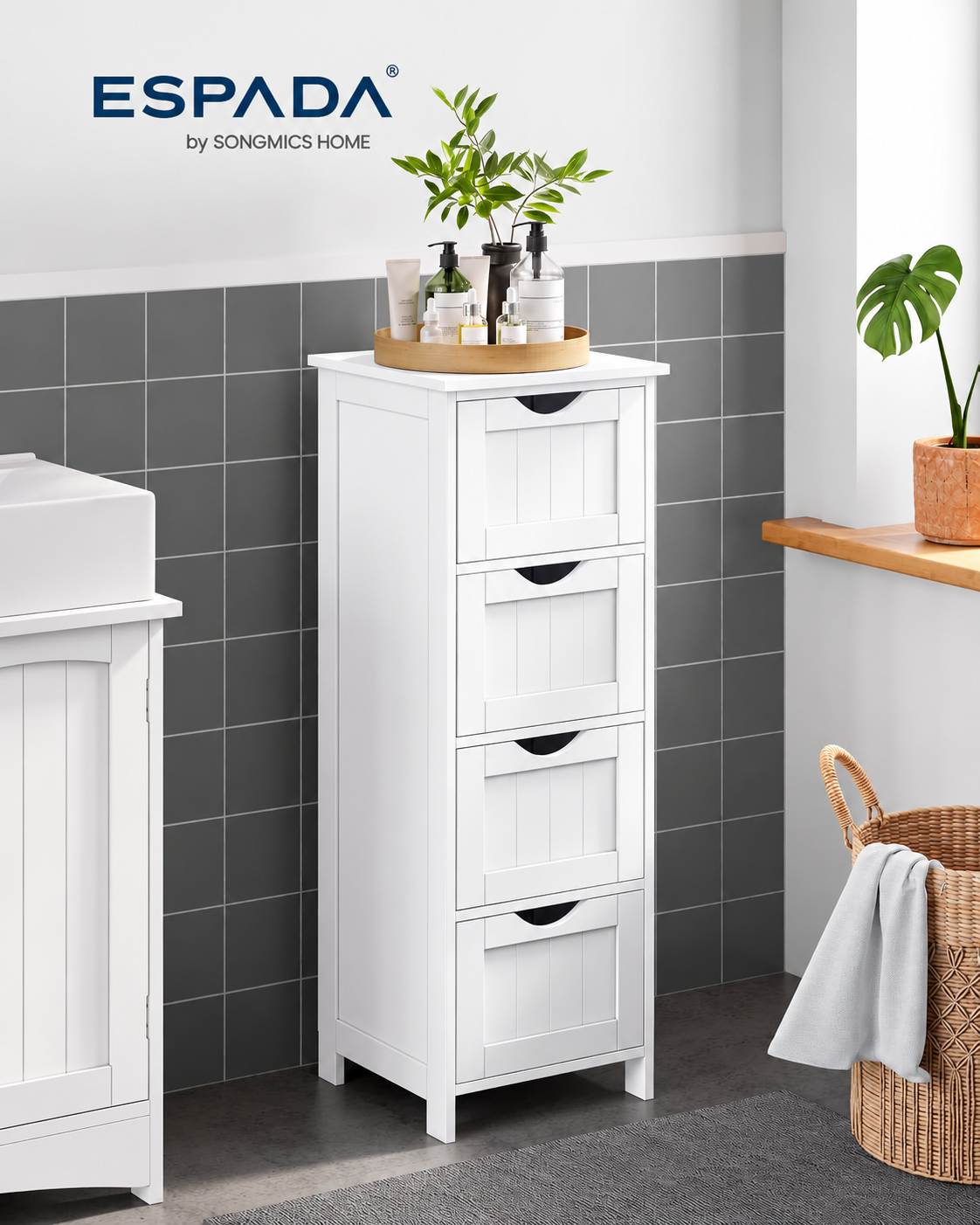 Espada Bathroom Floor Storage Cabinet, Bathroom Storage with 4 Drawers, Bathroom Cabinet Freestanding, 30 x 30 x 82 cm, Modern Style, White LHC40W