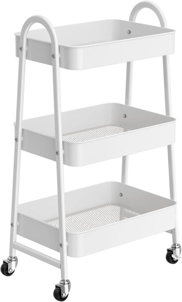 ESPADA 3-Tier Rolling Storage Cart with Wheels, Metal Utility Trolley with Handle and Mesh Shelves, Mobile Organizer for Kitchen, Bathroom & Office, White