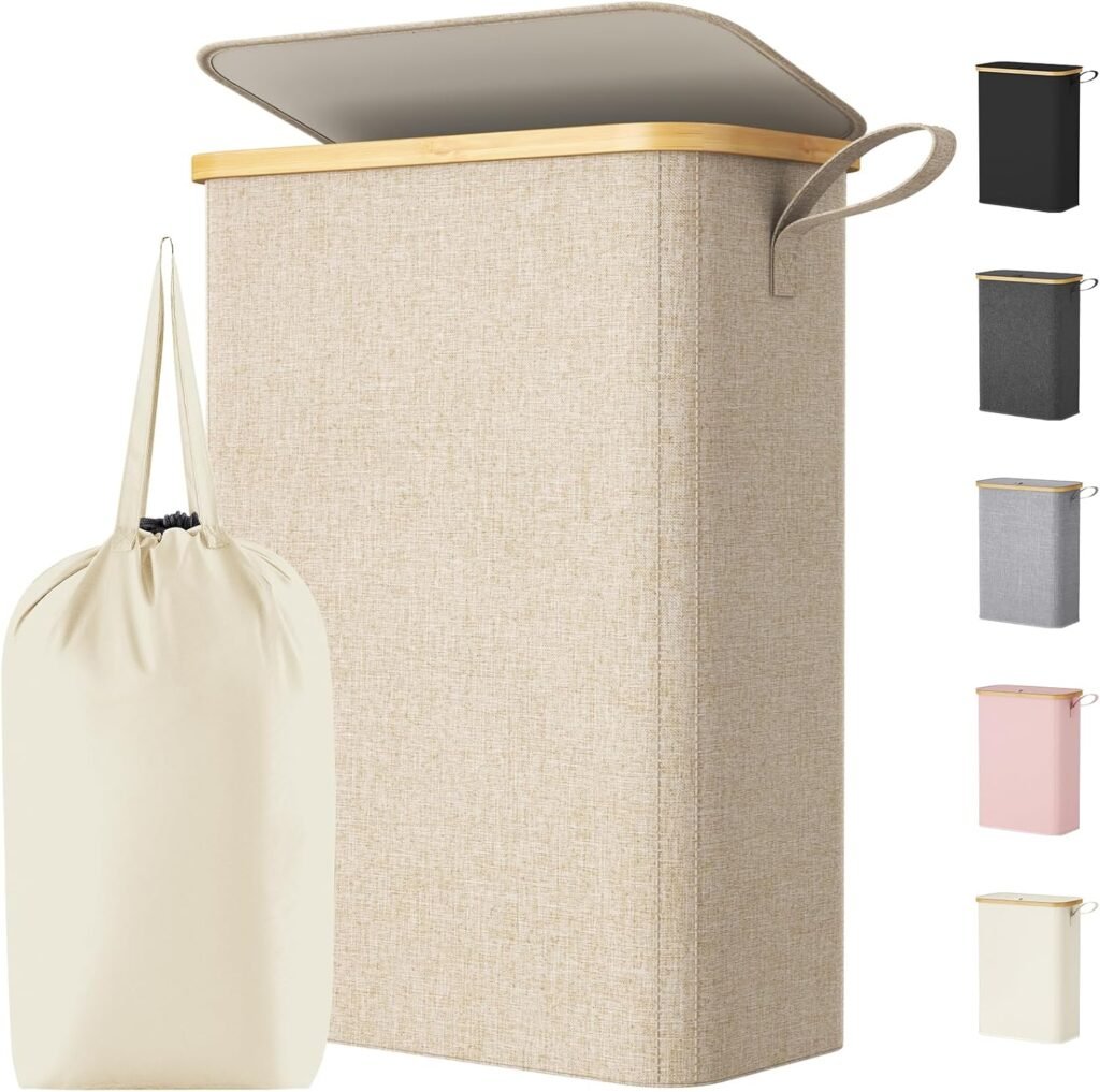 **ESPADA 50L Slim Laundry Basket with Lid, Narrow Clothes Hamper with Removable Laundry Bag, Space-Saving Storage Organizer for Bedroom, Bathroom & Closet, Beige**