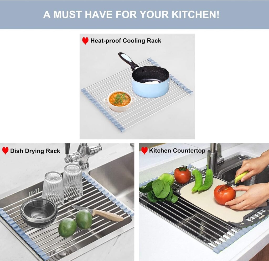 Over-the-Sink Roll-Up Dish Drying Rack – Foldable Stainless Steel Sink Drainer Mat, 17.5 x 11.8 Inches