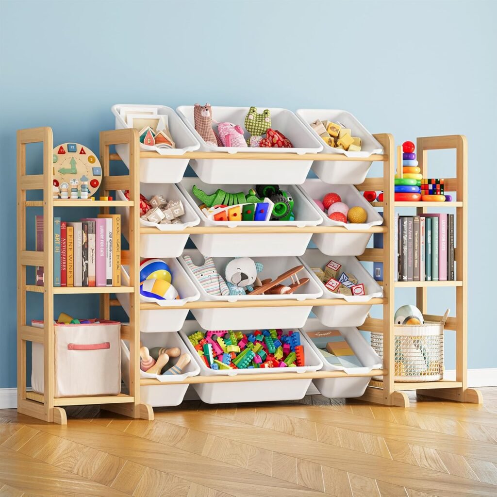 Toy Storage Organizer with 6 Shelves and 12 Bins – Kids Bookcase & Toy Shelf, White
